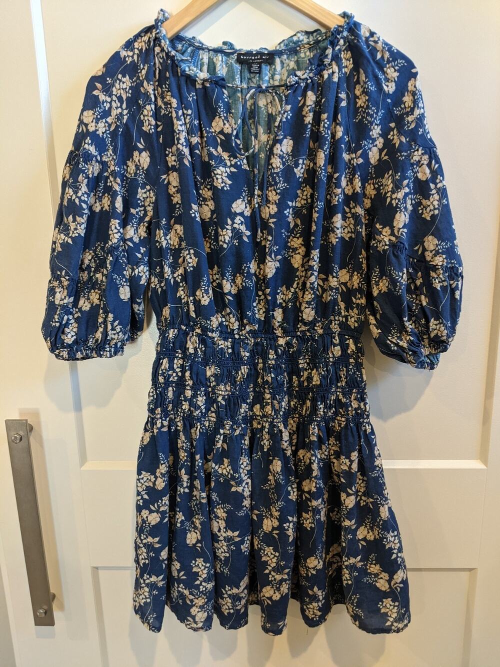 Current Air Anthropologie Navy Blue Floral Ramie Smocked Mini Dress Balloon...